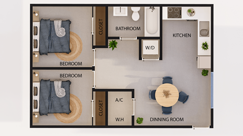 Floor plan for 2 beds, 1 bath, 805 sqft